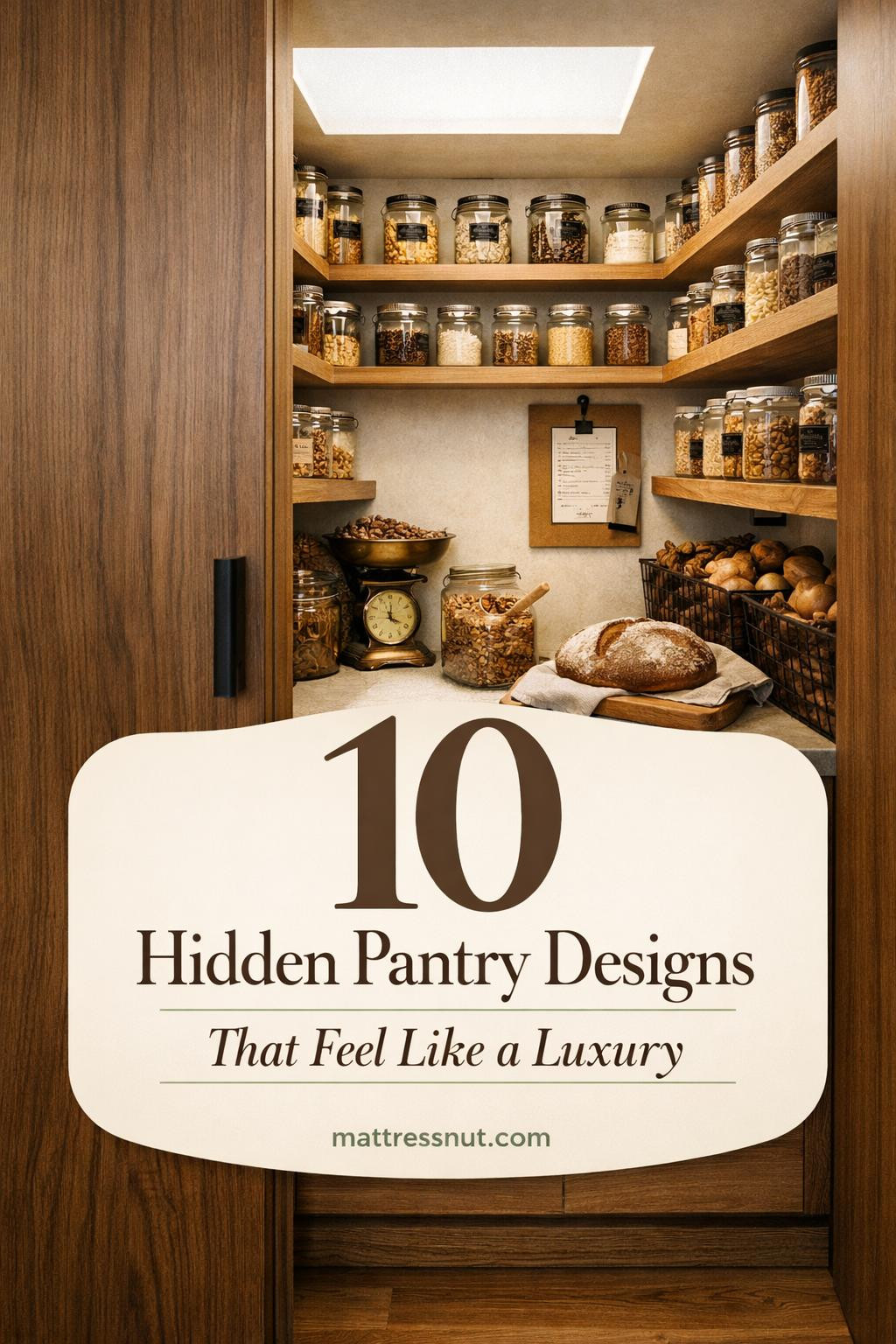 Walk-in pantry concealed behind white cabinet doors with organized shelving, baskets, and premium food storage solutions