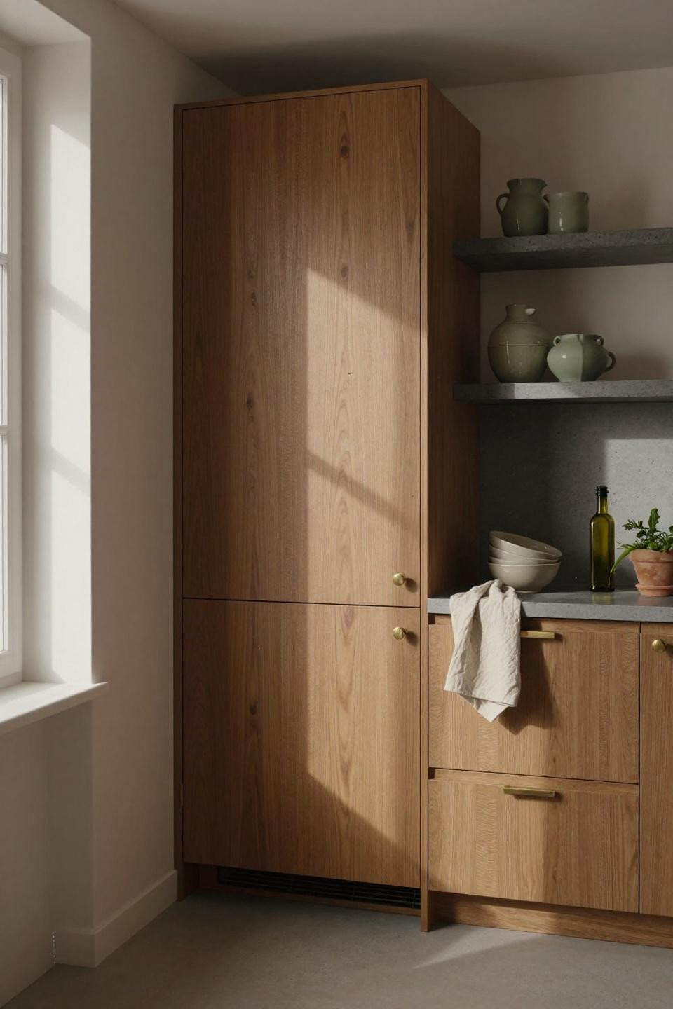 secret pantry walk in with integrated dishwasher behind walnut veneer paneling and concrete countertops in parisian apartment