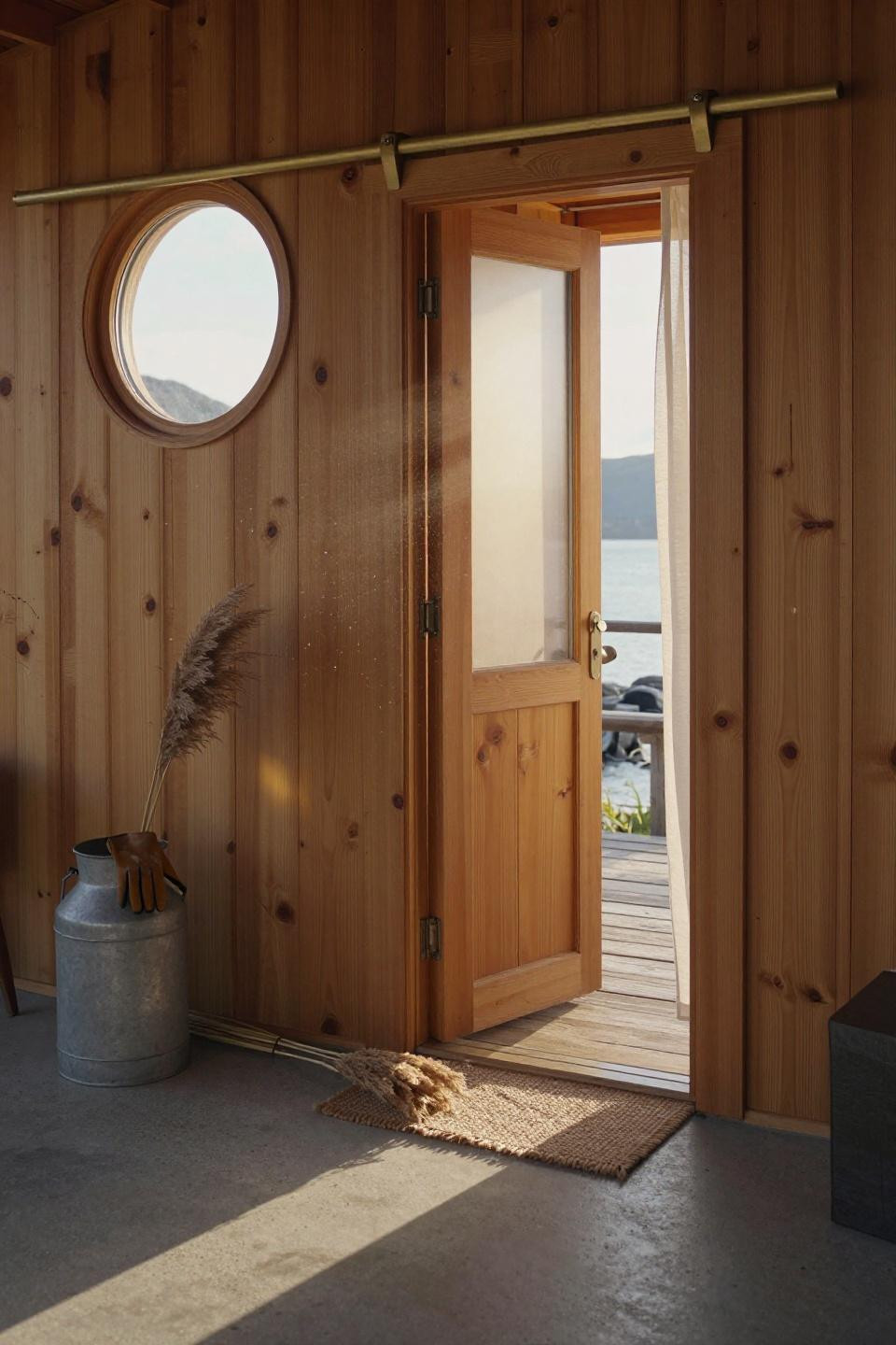 hidden sliding door in reclaimed scandinavian pine with circular porthole window and brass track hardware