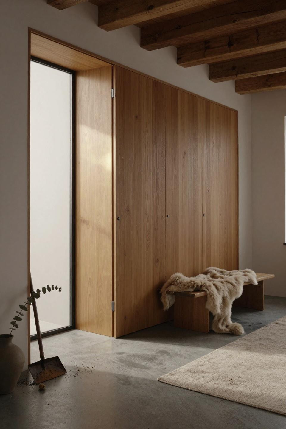 hidden sliding door in honey oak paneling with magnetic catches and brushed brass shadow gap in copenhagen hallway