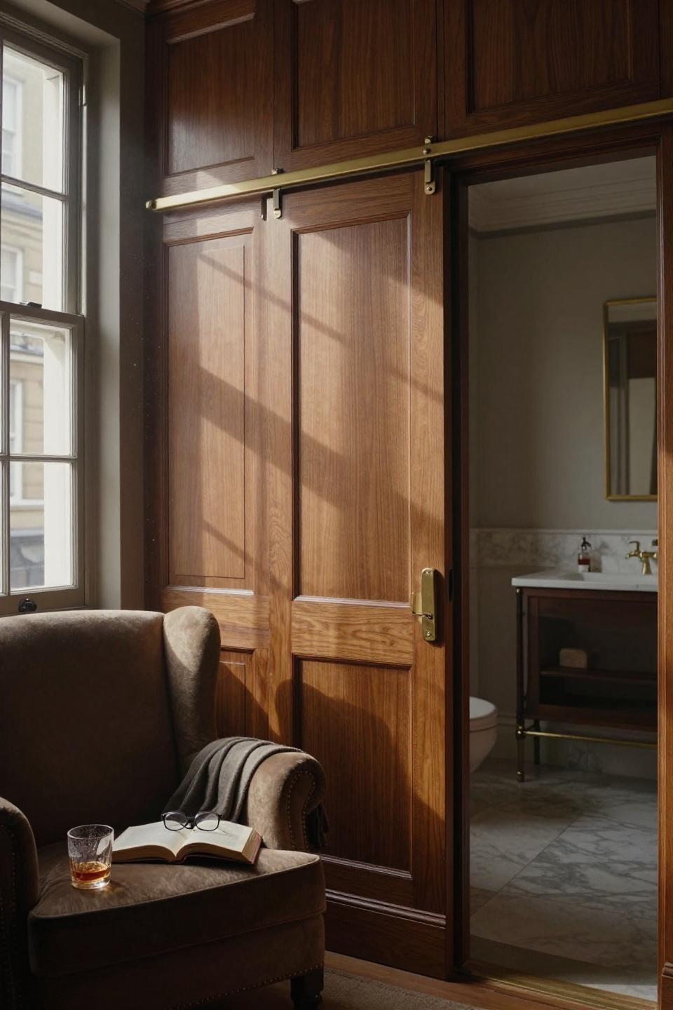 hidden door in walnut-paneled library with invisible brass tracks and magnetic push-latch in london georgian townhouse