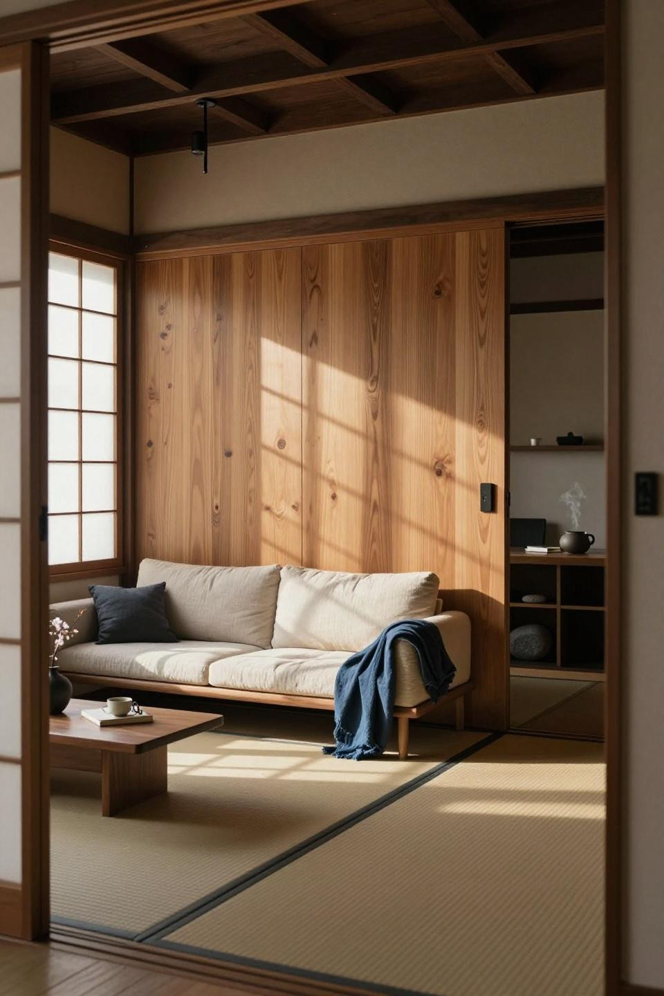 hidden sliding door in honey-toned hinoki cypress with vertical grain and concealed track in kyoto machiya renovation
