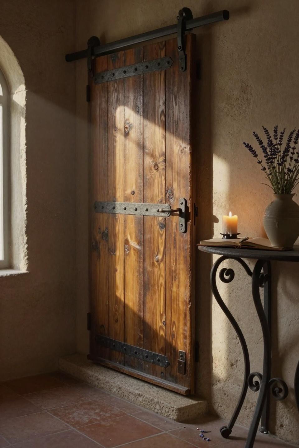 hidden sliding door with weathered barnwood planks and invisible magnetic latch in provencal stone farmhouse