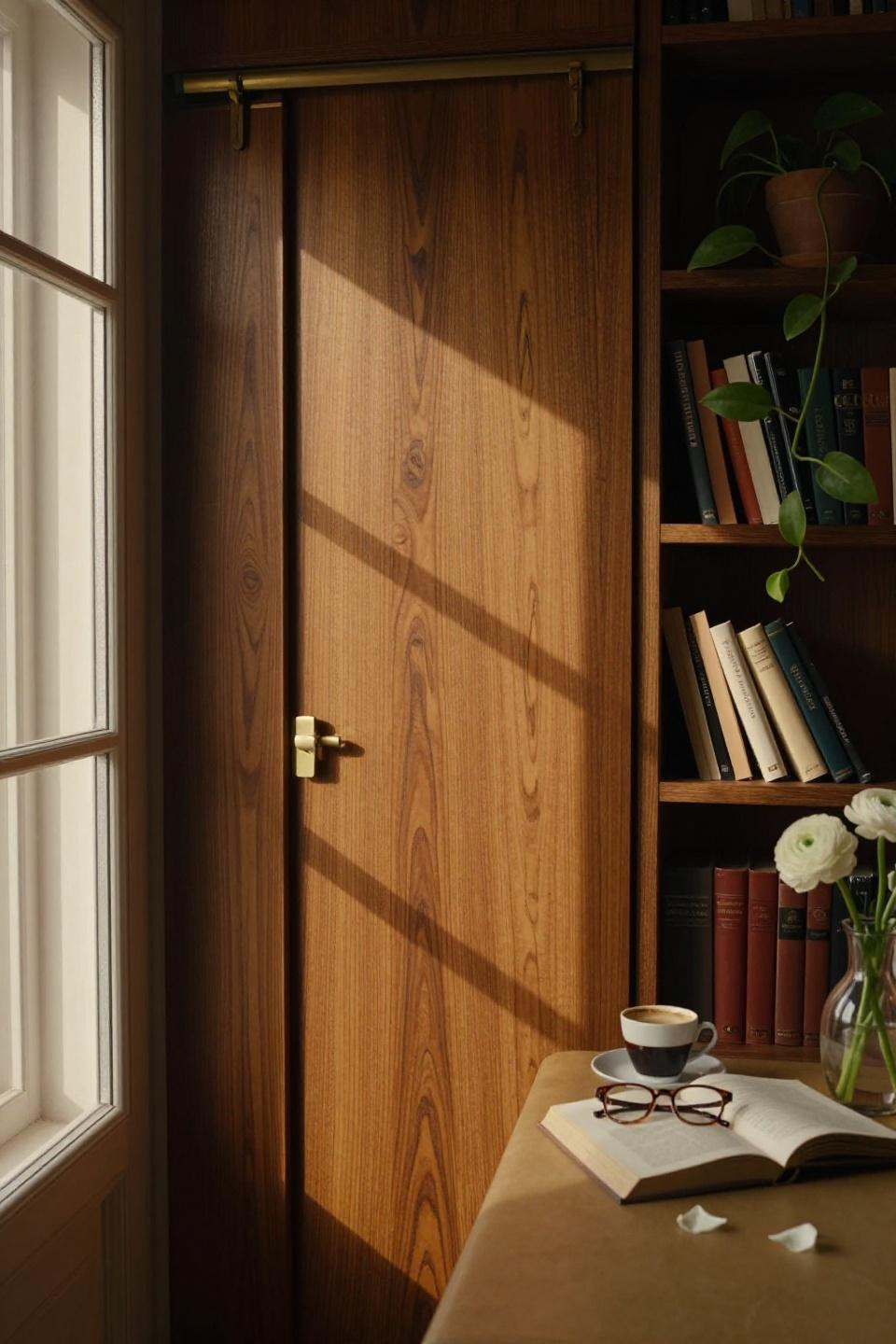 hidden door seamlessly integrated into book-matched walnut paneling with cathedral grain and brass finger pull