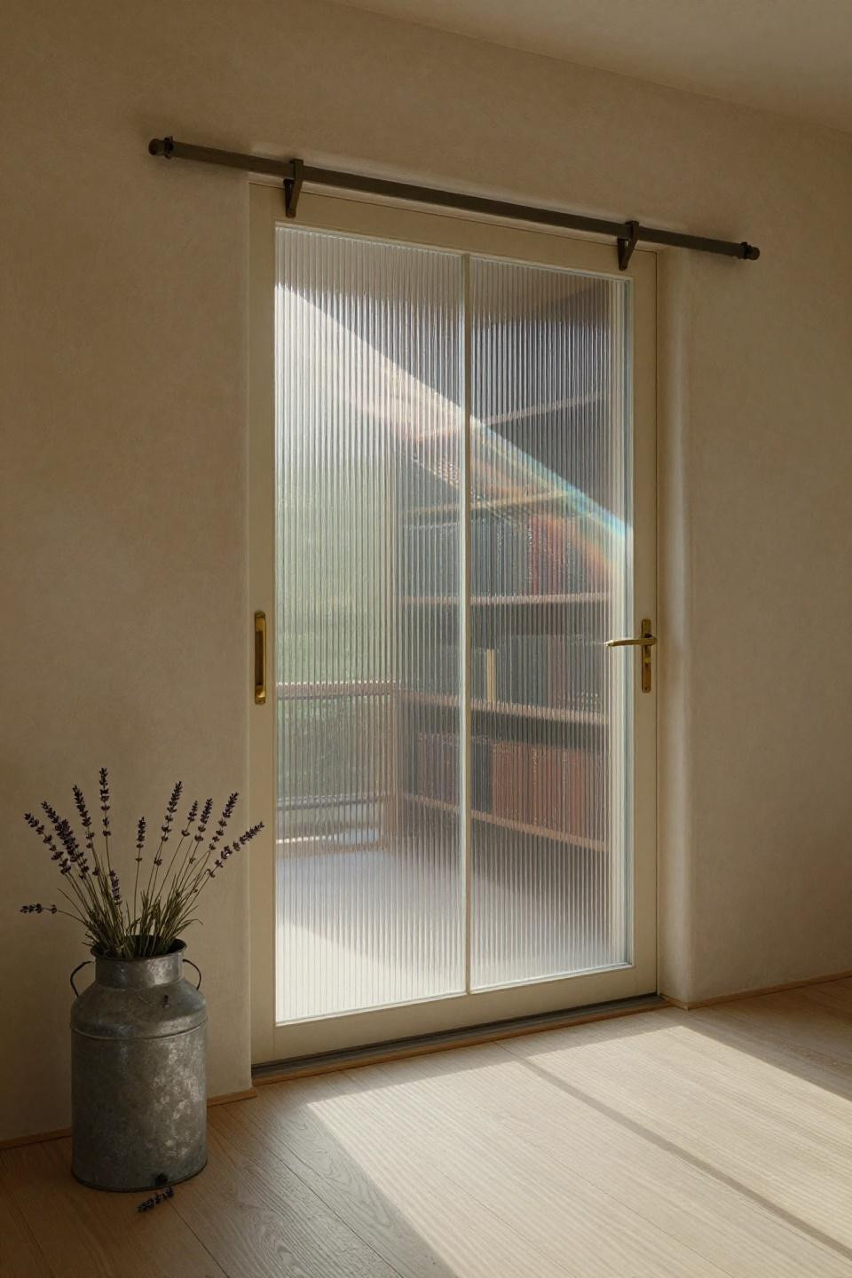 hidden door with vertical reeded glass panels creating prismatic light effects on white oak floors in napa estate