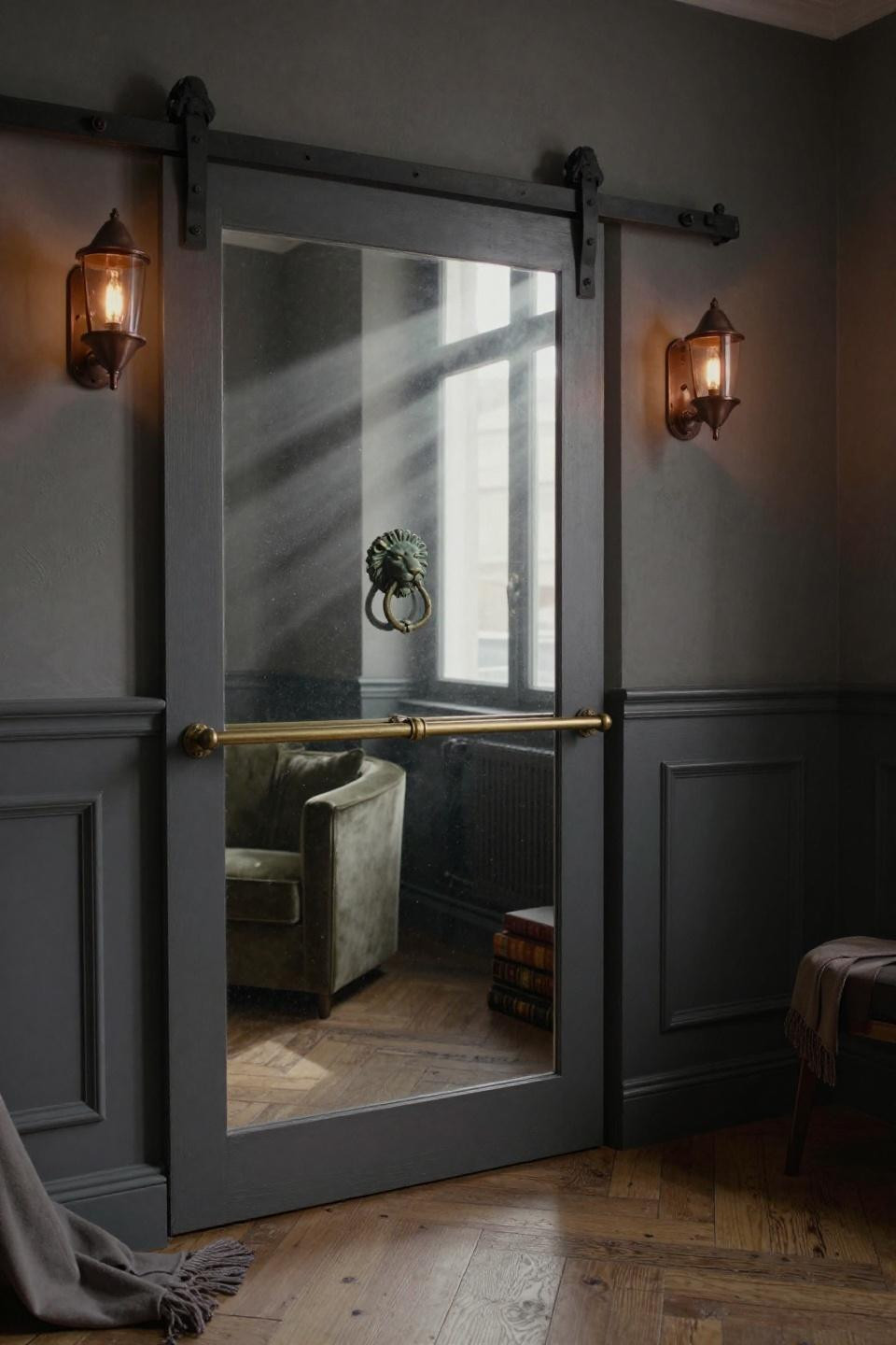 hidden sliding barn door with antiqued mirror panel and unlacquered brass rail in parisian haussmann hallway