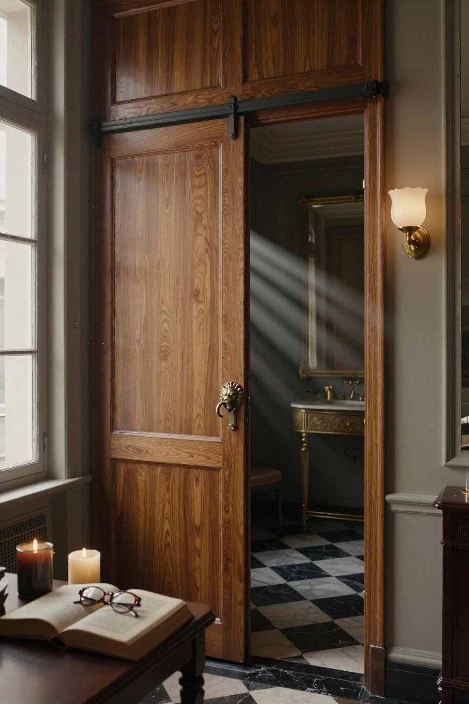 hidden sliding door in book-matched walnut with flush bronze lion-head handle revealing hexagonal marble beyond