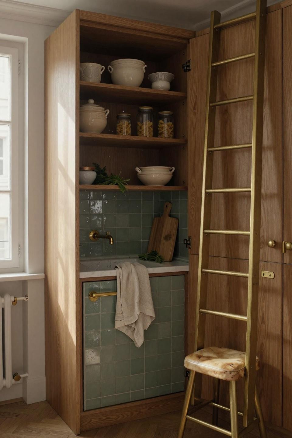 hidden utility room in kitchen with brass library ladder and zellige tile backsplash behind oak pocket doors
