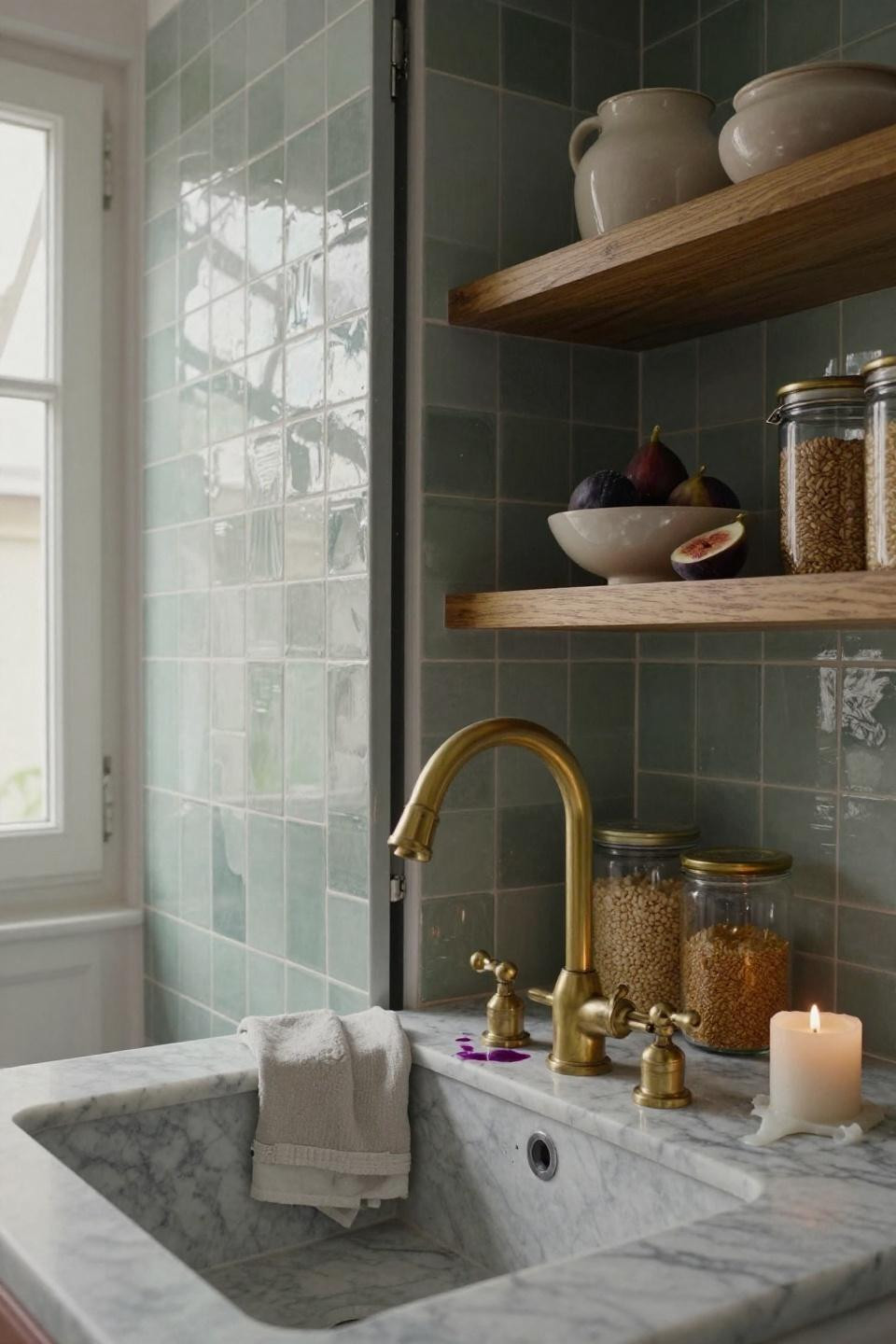 walk in pantry design with sage zellige tile doors and unlacquered brass bridge faucet over carrara marble prep sink