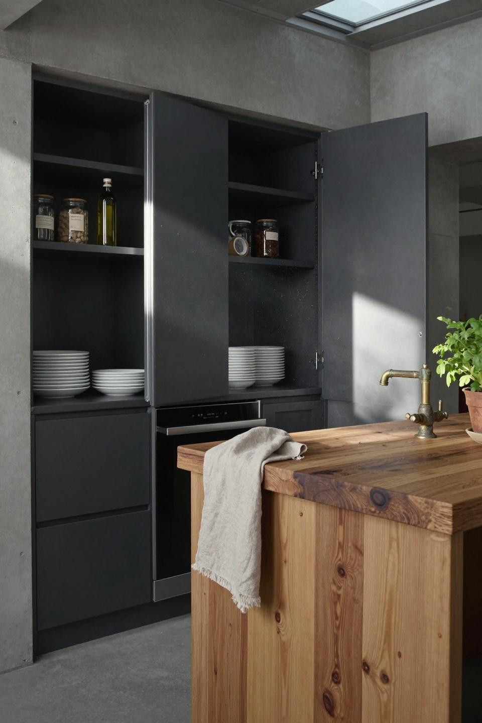 walk in kitchen pantry with black steel shelving and walnut island in copenhagen warehouse with concrete walls and skylight