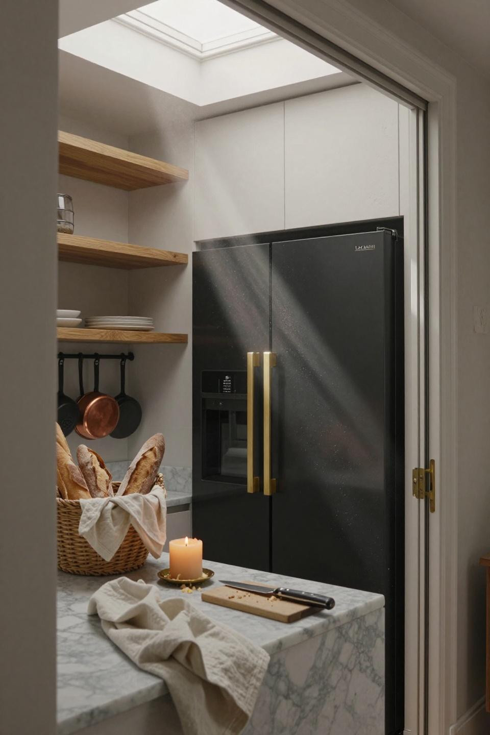 hidden walk in pantry with french door refrigerator behind white oak pocket doors and carrara marble counter in parisian apartment