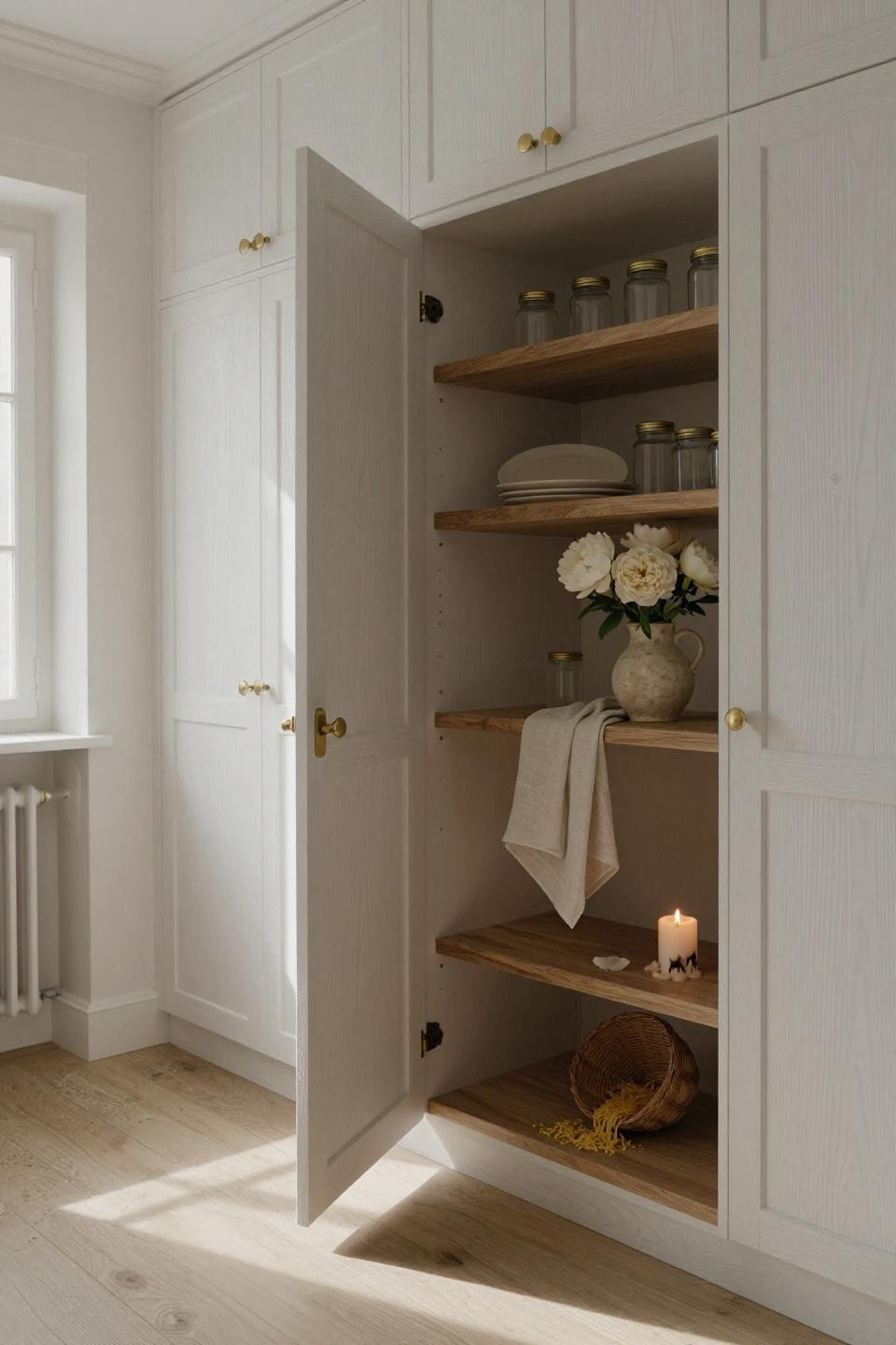 hidden walk in pantry behind fluted white oak push-to-open cabinetry with floating reclaimed oak shelves and limestone floors