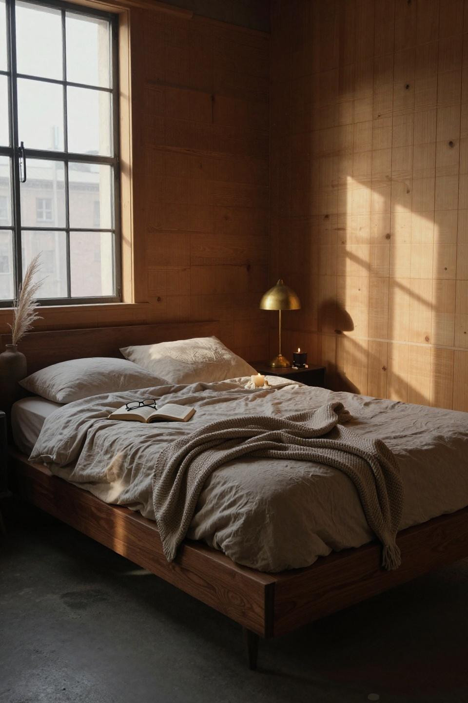 horizontal beadboard walls in warm honey pine with visible grain wrapping copenhagen bedroom warehouse conversion