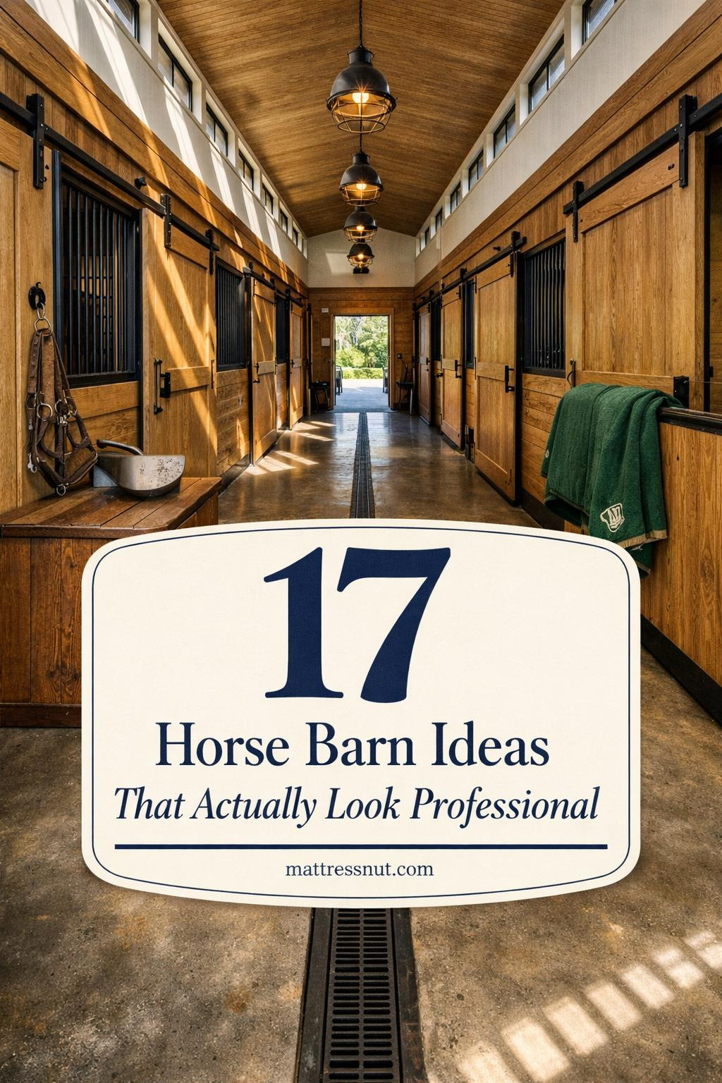 Spacious horse barn interior featuring wooden stalls, clean concrete aisles, organized tack room area, and natural lighting