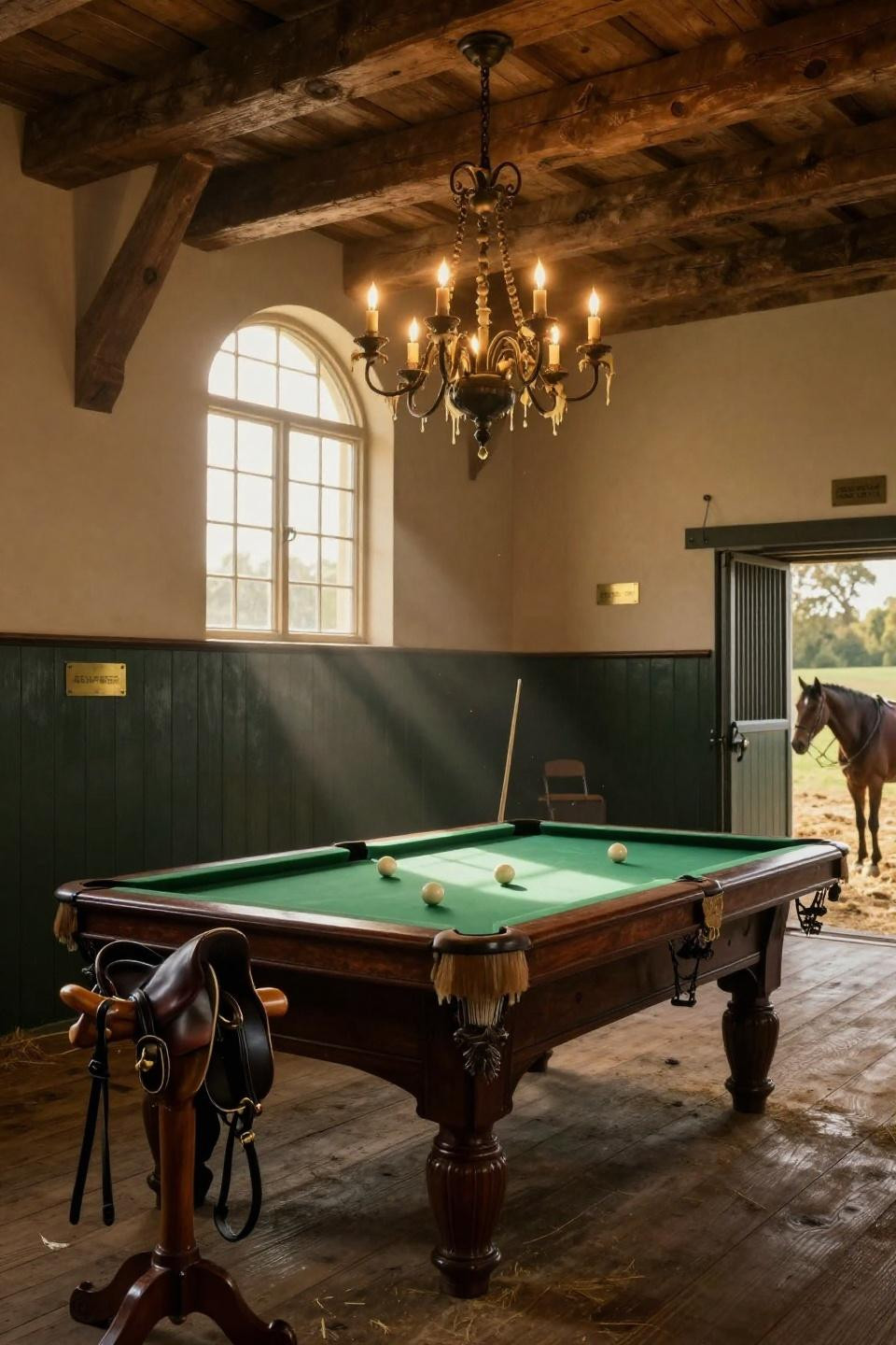 horse barn interior design with mahogany billiards table and wrought iron chandelier with live candles in cotswolds estate