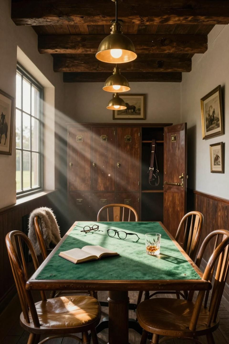 small tack room with hunter green baize card table and windsor chairs in honey oak with leather cushions