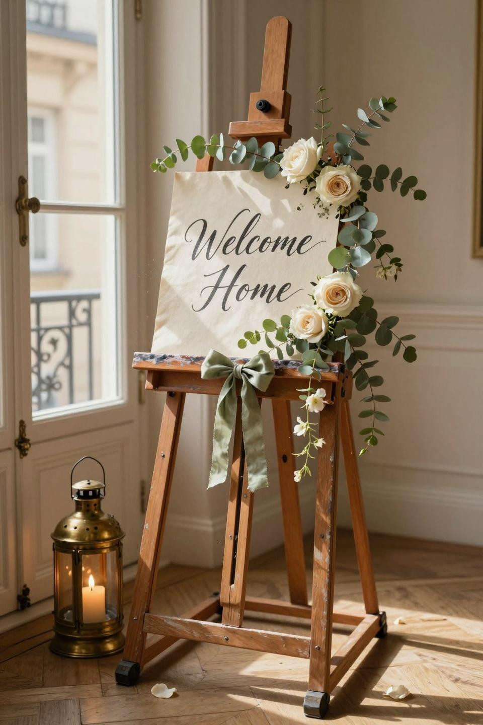 housewarming sign hand-painted vintage wooden easel with calligraphy, eucalyptus, ivory roses, and sage ribbon in parisian entryway