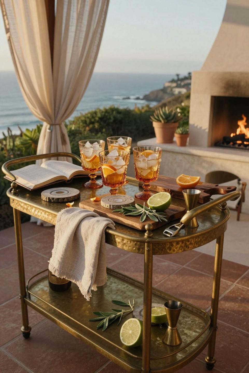 apartment warming party outdoor bar cart with unlacquered brass patina, craft cocktails, and weathered teak on terrace at golden hour