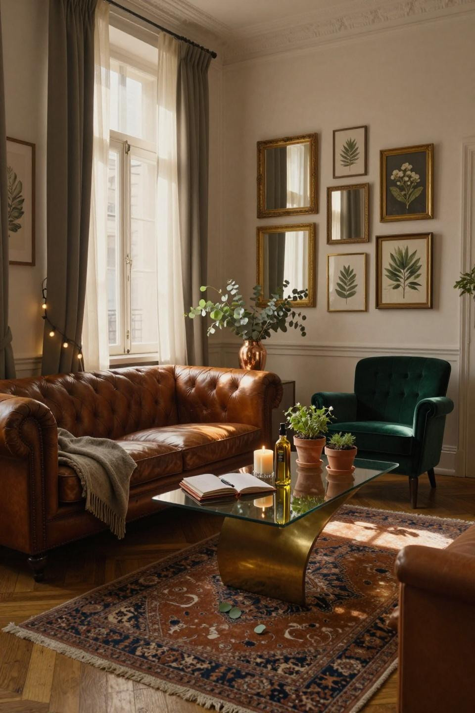 housewarming aesthetic eclectic lounge with cognac leather chesterfield, emerald velvet armchair, and brass coffee table in parisian apartment
