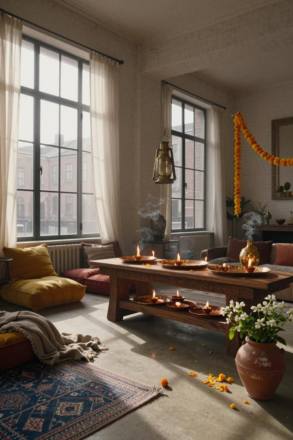 housewarming decor ideas indian fusion space with brass diyas, marigold garlands, and hand-carved teak console in minimalist loft