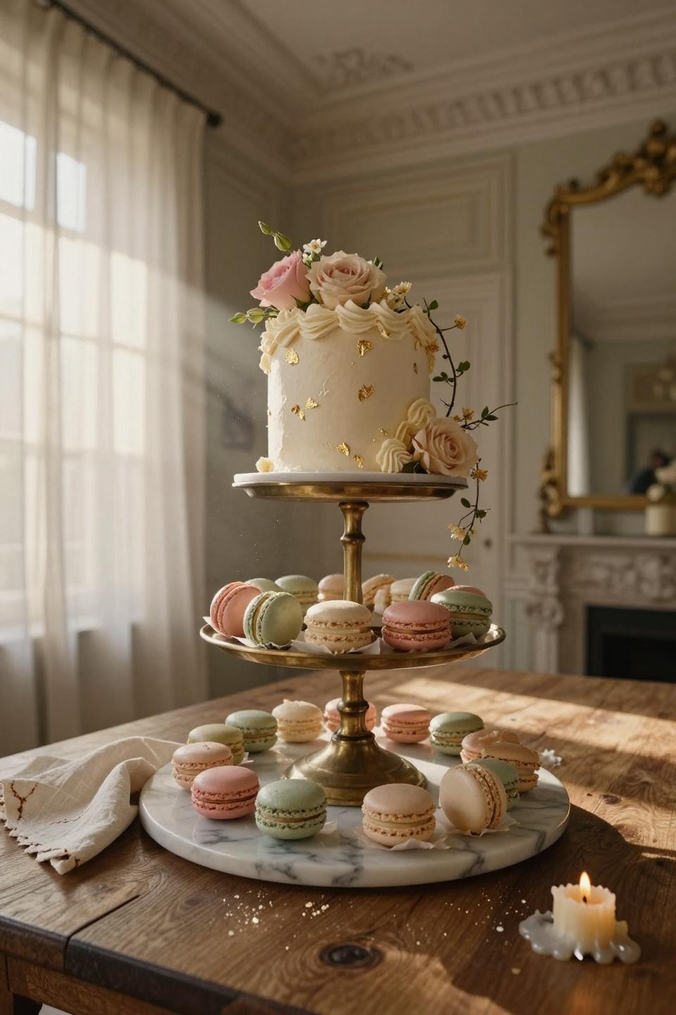 housewarming party ideas three-tiered dessert table with ivory cake, macarons, and unlacquered brass stands in sunlit apartment