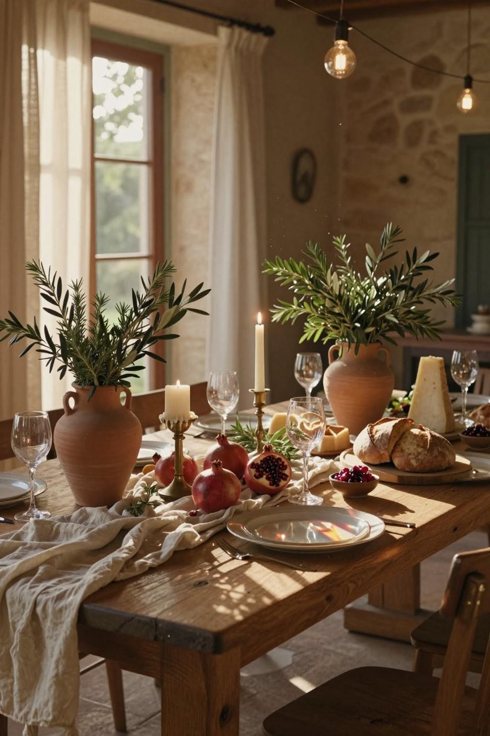 new home party 12-foot reclaimed walnut harvest table with belgian linen runner, olive branches, and string lights in tuscan farmhouse