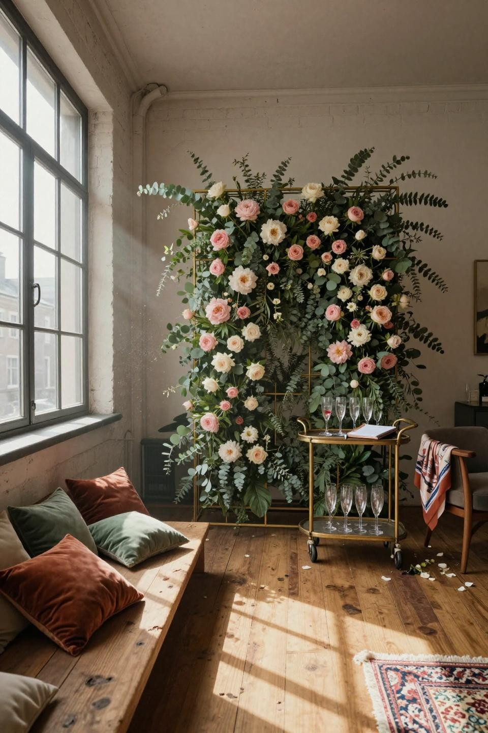 housewarming party photo booth with 8-foot floral wall in blush peonies, brass grid framework, and velvet pillows on oak platform