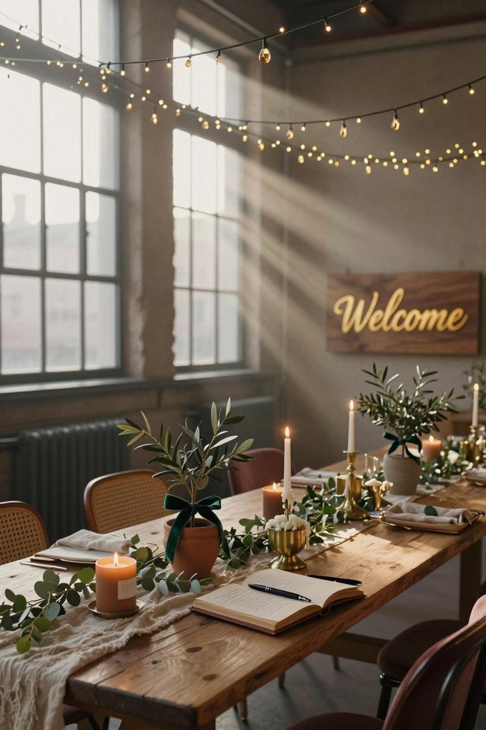 welcome home party ideas with gossamer fairy light canopy, reclaimed oak farm tables, and beeswax candles in warehouse loft conversion
