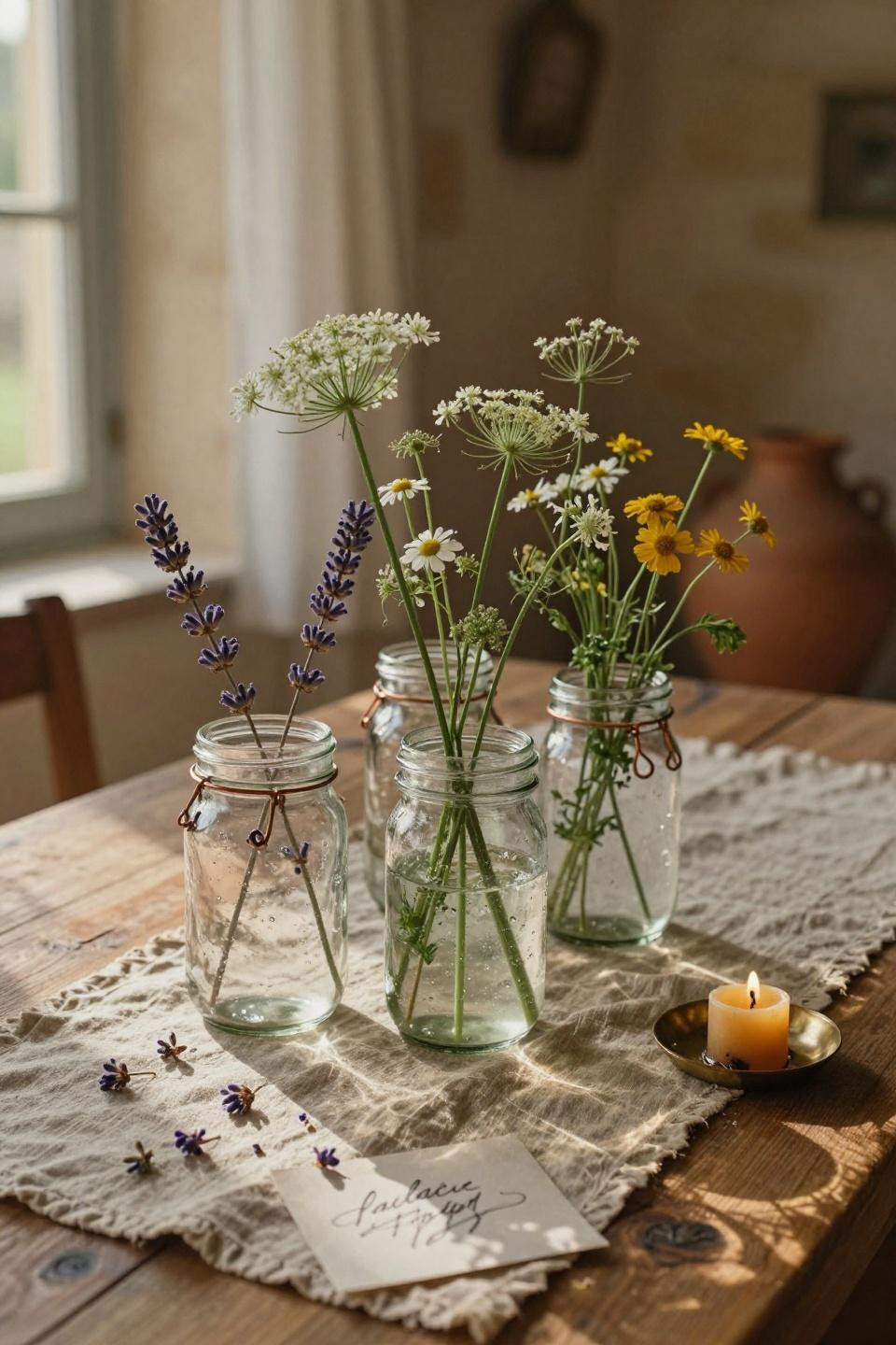 house warming party ideas rustic wildflower centerpieces in hand-blown glass mason jars with copper wire on reclaimed oak table