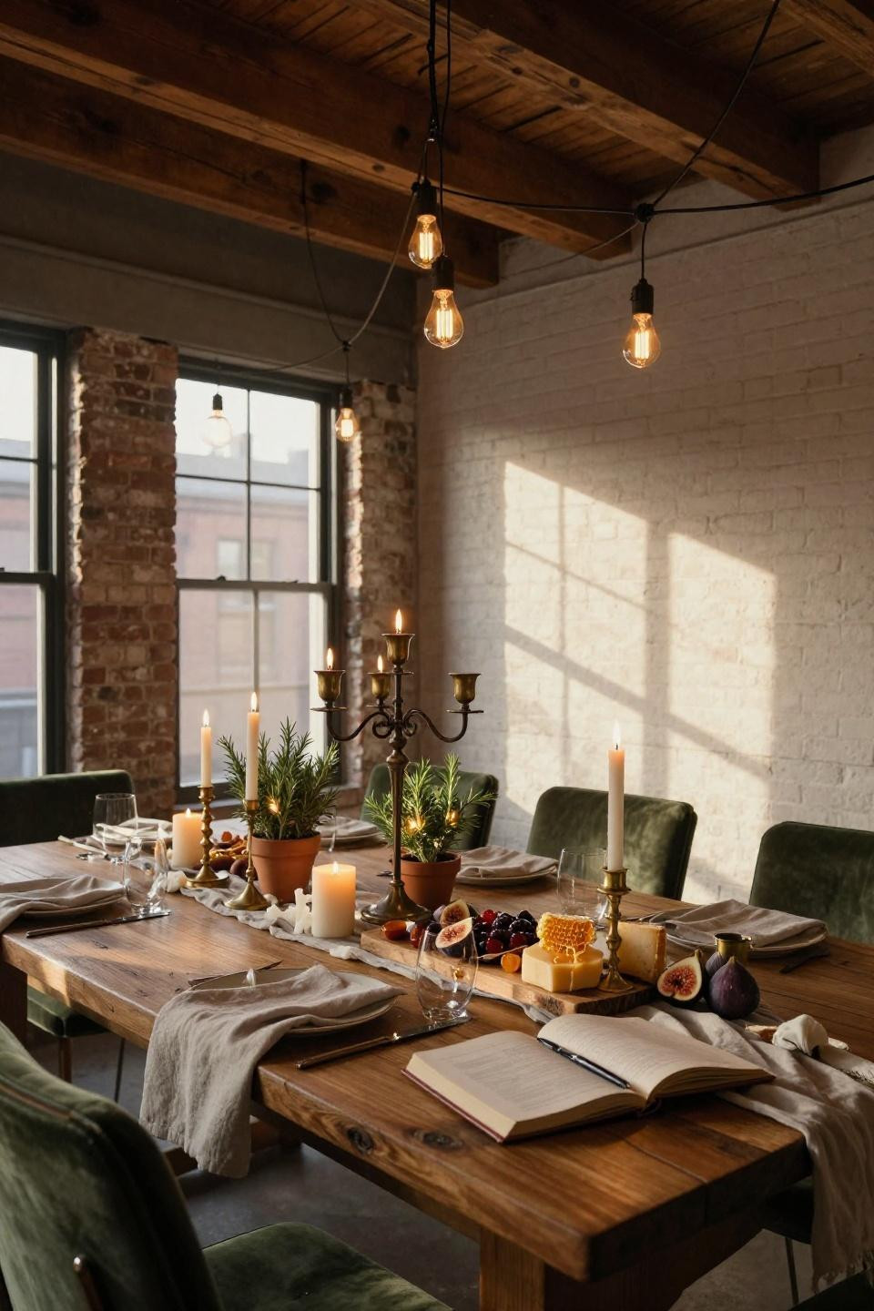 house warming food table ideas with hand-hewn walnut farm table, edison bulbs, ivory candles, and charcuterie board in industrial loft