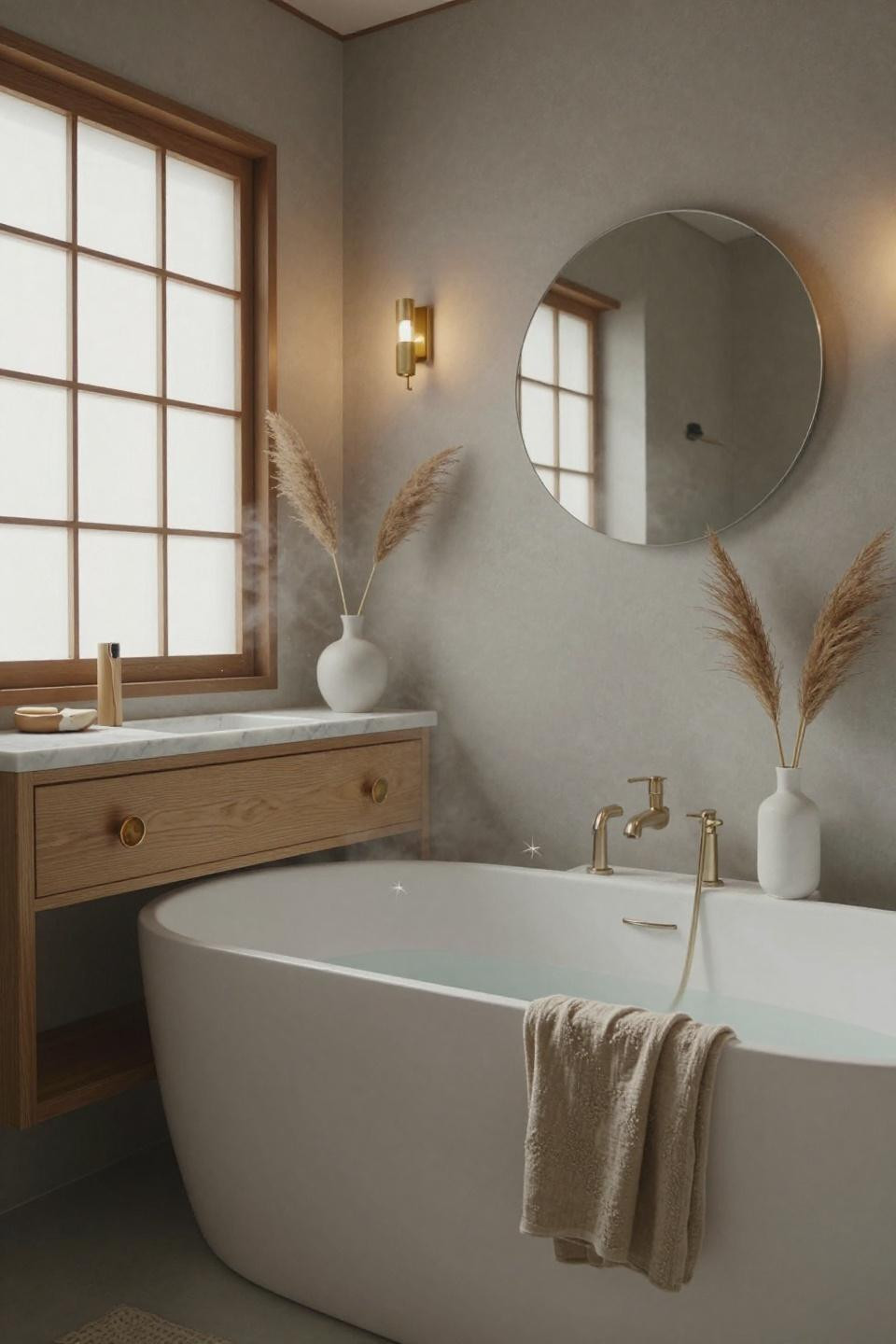 Japandi Bathroom - freestanding tub with floating vanity