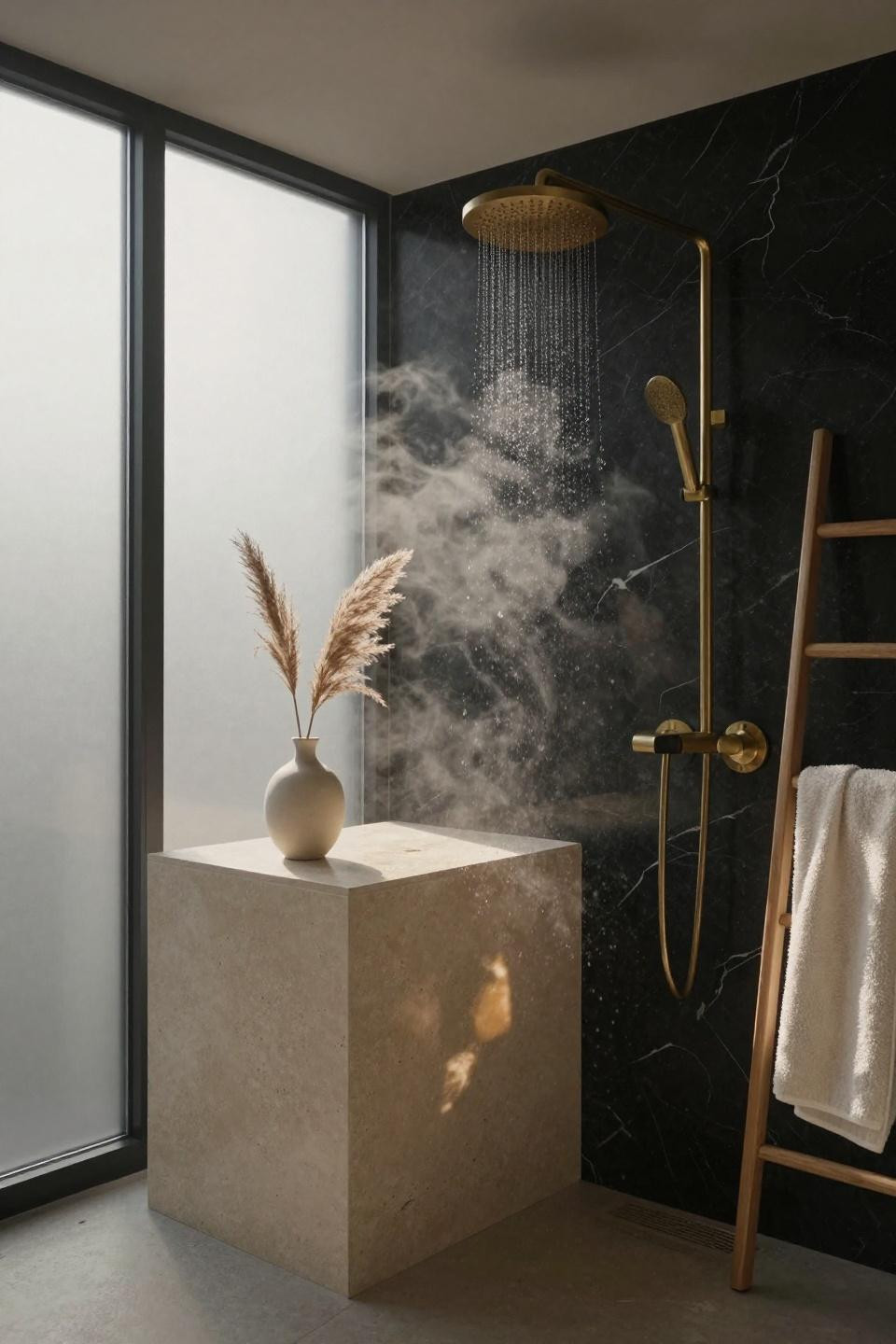 Small beige bathroom - Nero Marquina marble with buff limestone partition