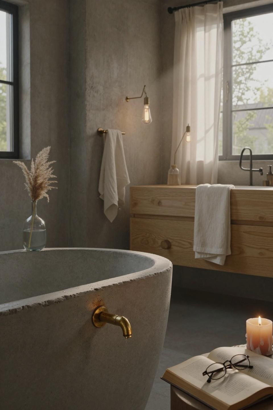 Bathroom ideas beige - poured concrete soaking tub with brass faucet