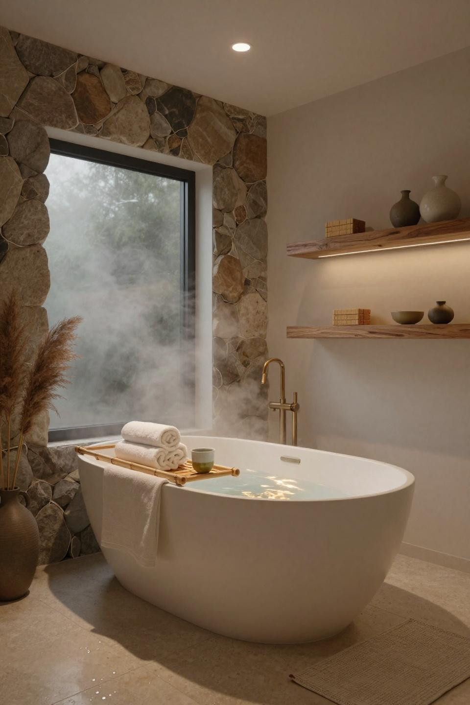 white japandi spa bathroom with natural river pebble accent wall and bamboo bath caddy