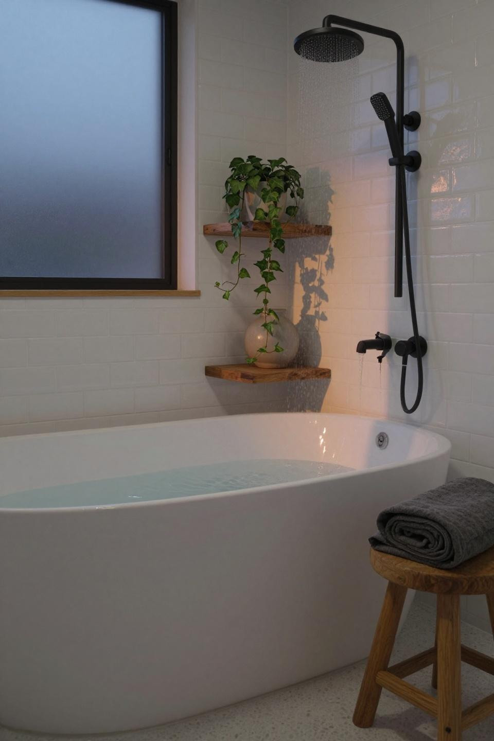 white japandi bathroom with glossy subway tiles matte black fixtures and trailing ivy on teak shelf