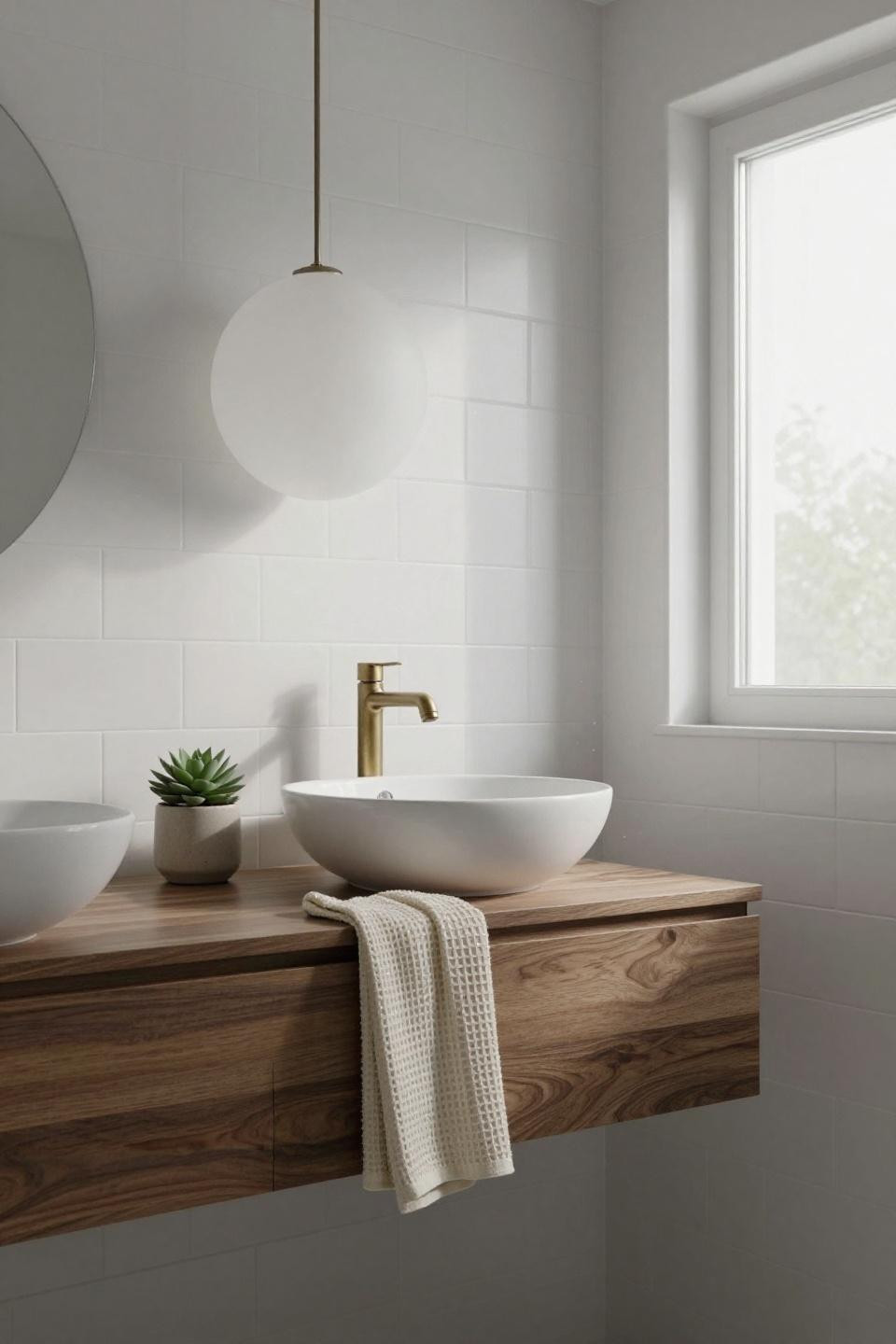 white bathroom with floating walnut vanity clean horizontal grain and frosted glass orb pendant