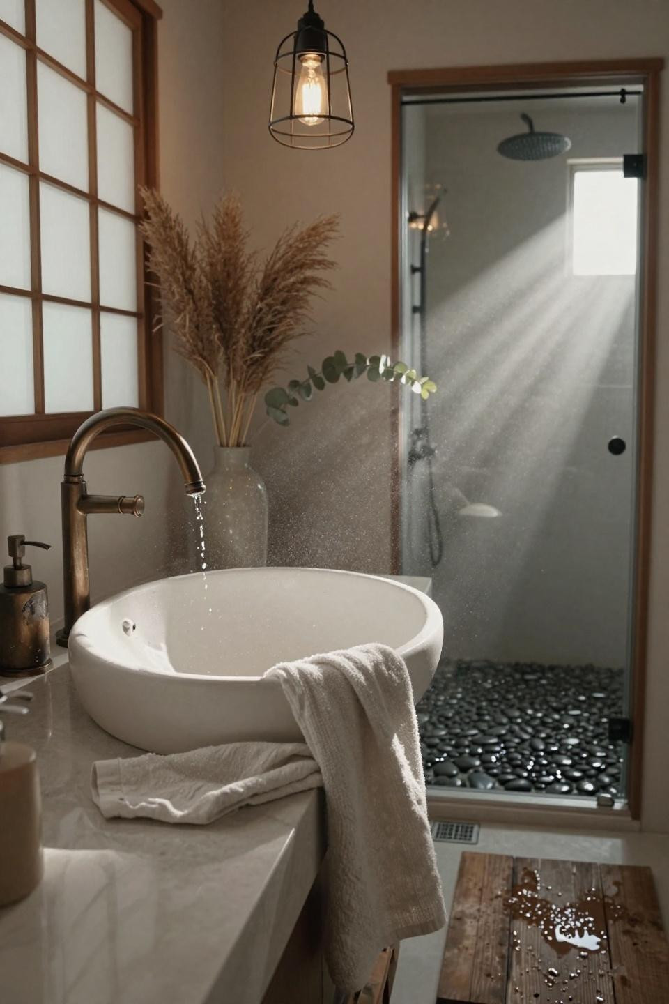 Japandi Bathroom - handmade ceramic vessel sink with aged bronze