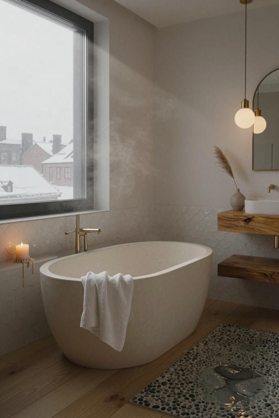 Japandi Bathroom - scallop tiles with freestanding tub