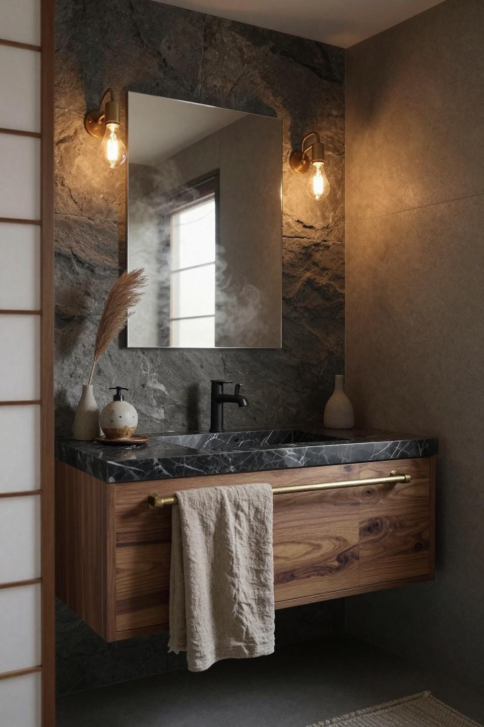 Japandi Bathroom - basalt stone wall with marble countertop