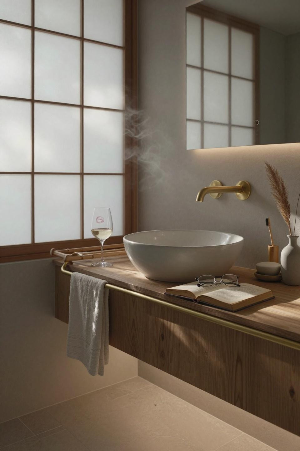 Japandi Bathroom - brass fixtures with hinoki bath caddy