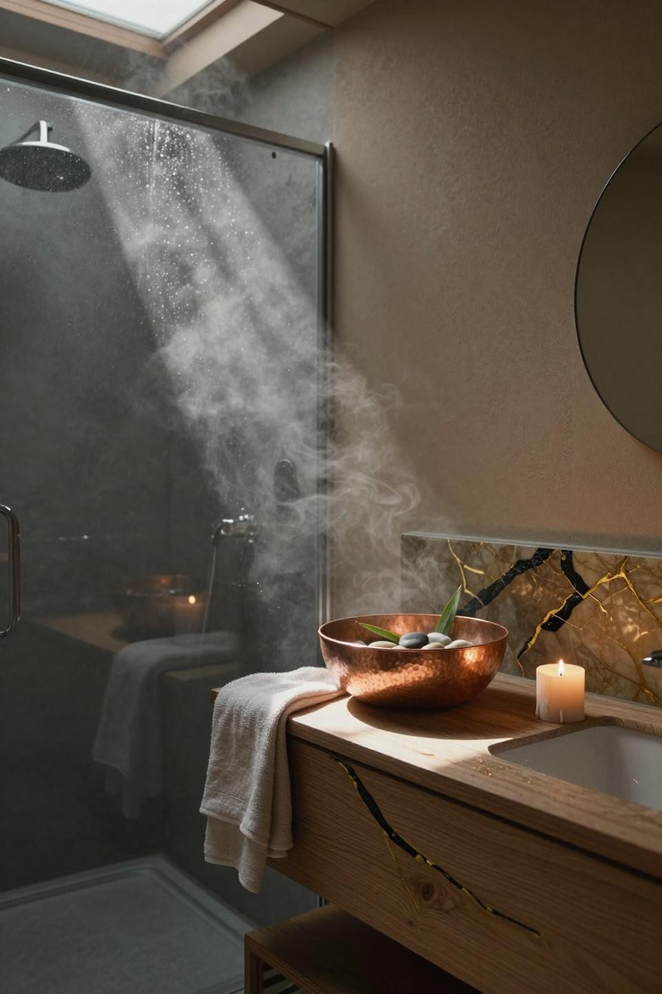 Japandi Bathroom - oak vanity with copper bowl
