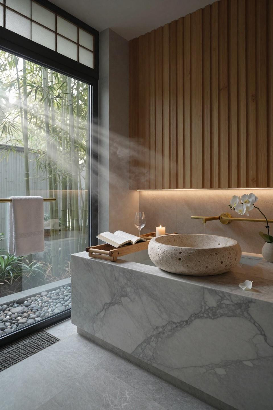 Japandi Bathroom - marble vanity with soaking tub