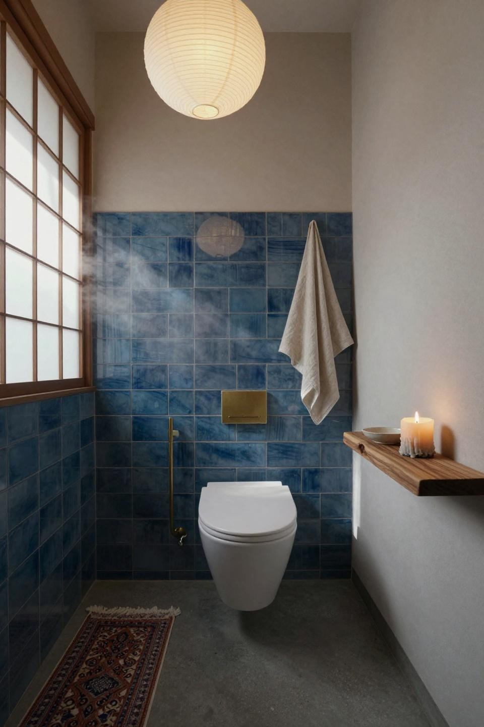Japandi Bathroom - deep blue tiles with walnut shelf