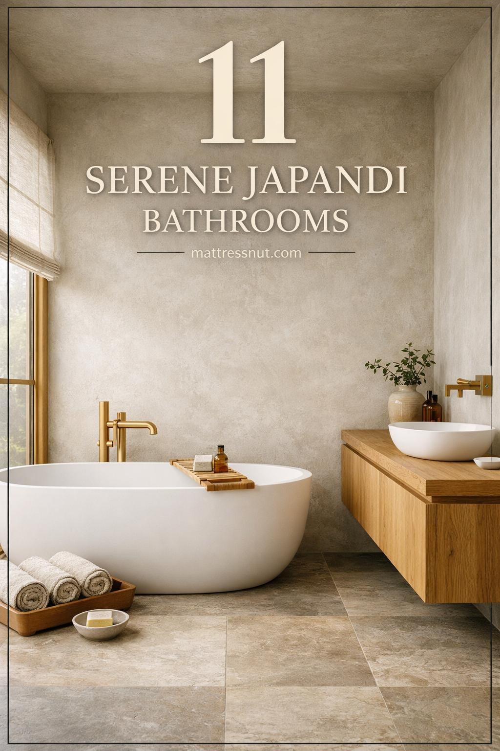 Serene bathroom featuring wooden vanity, neutral stone tiles, black fixtures, bamboo accents, and soft lighting