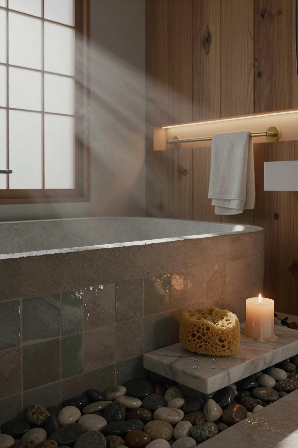 Japandi Bathroom - zellige tiles with concrete tub