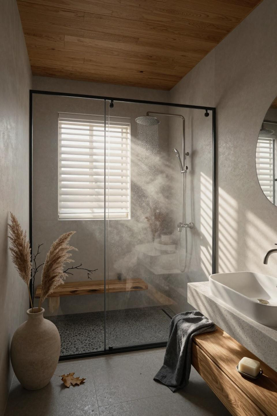 Japandi Bathroom - walk-in shower with teak bench