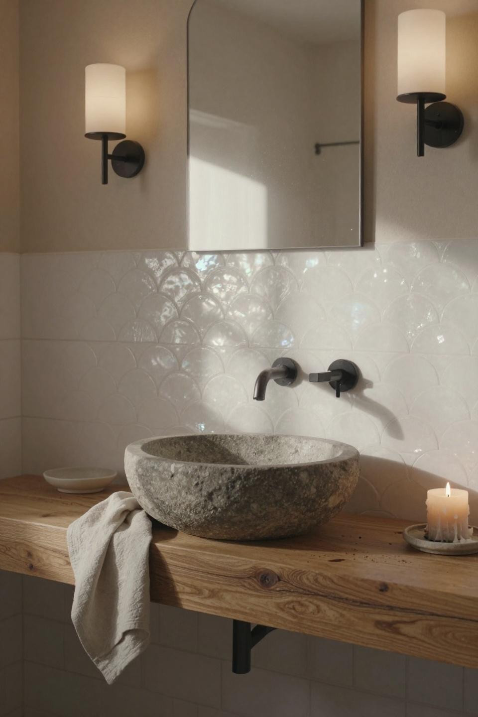Beige bathroom design - hand-carved stone basin on oak counter