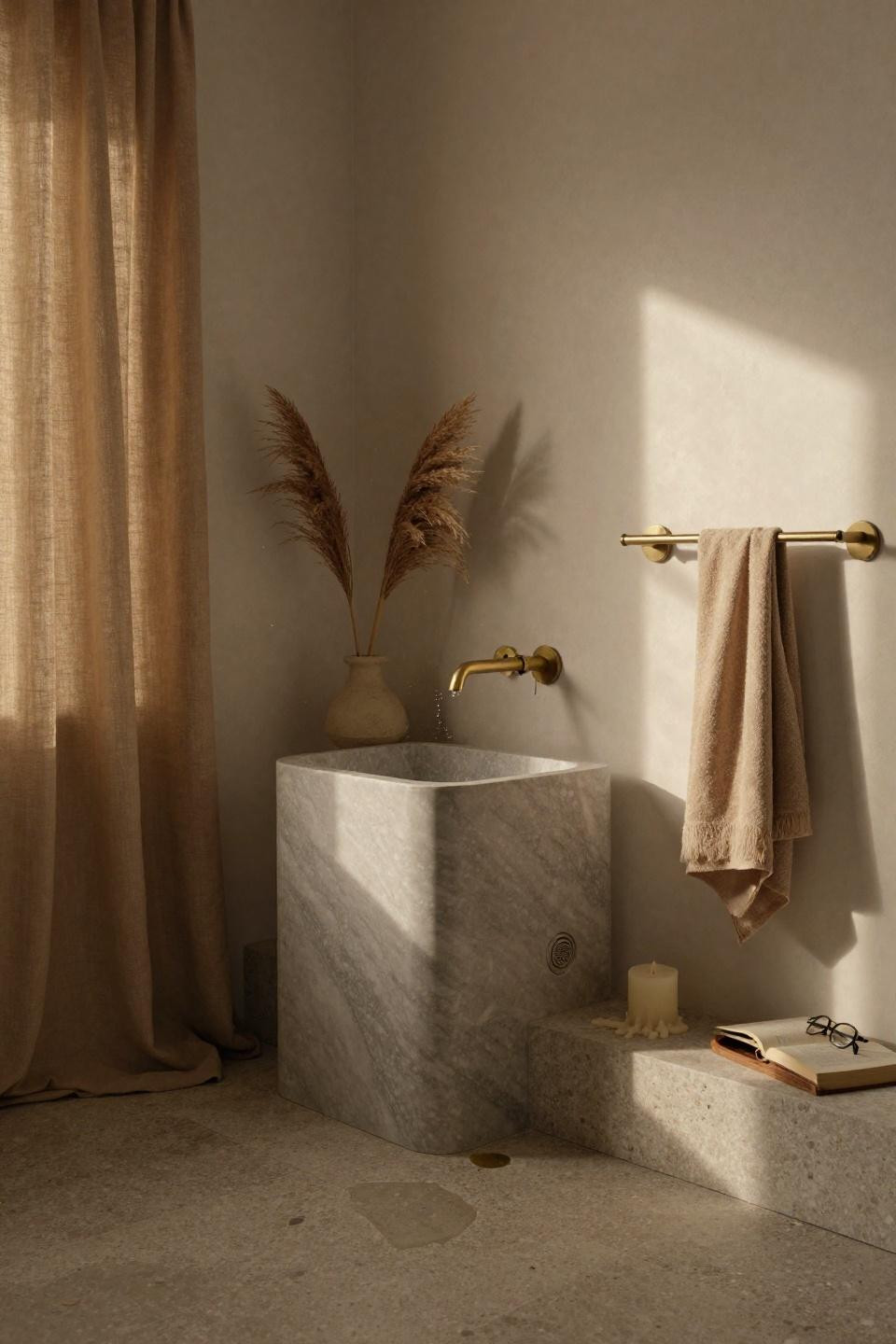 Beige and white bathroom - limestone countertop with brass fixtures