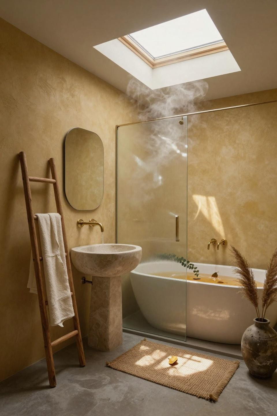 Greige bathroom ideas - skylight over limestone trough sink