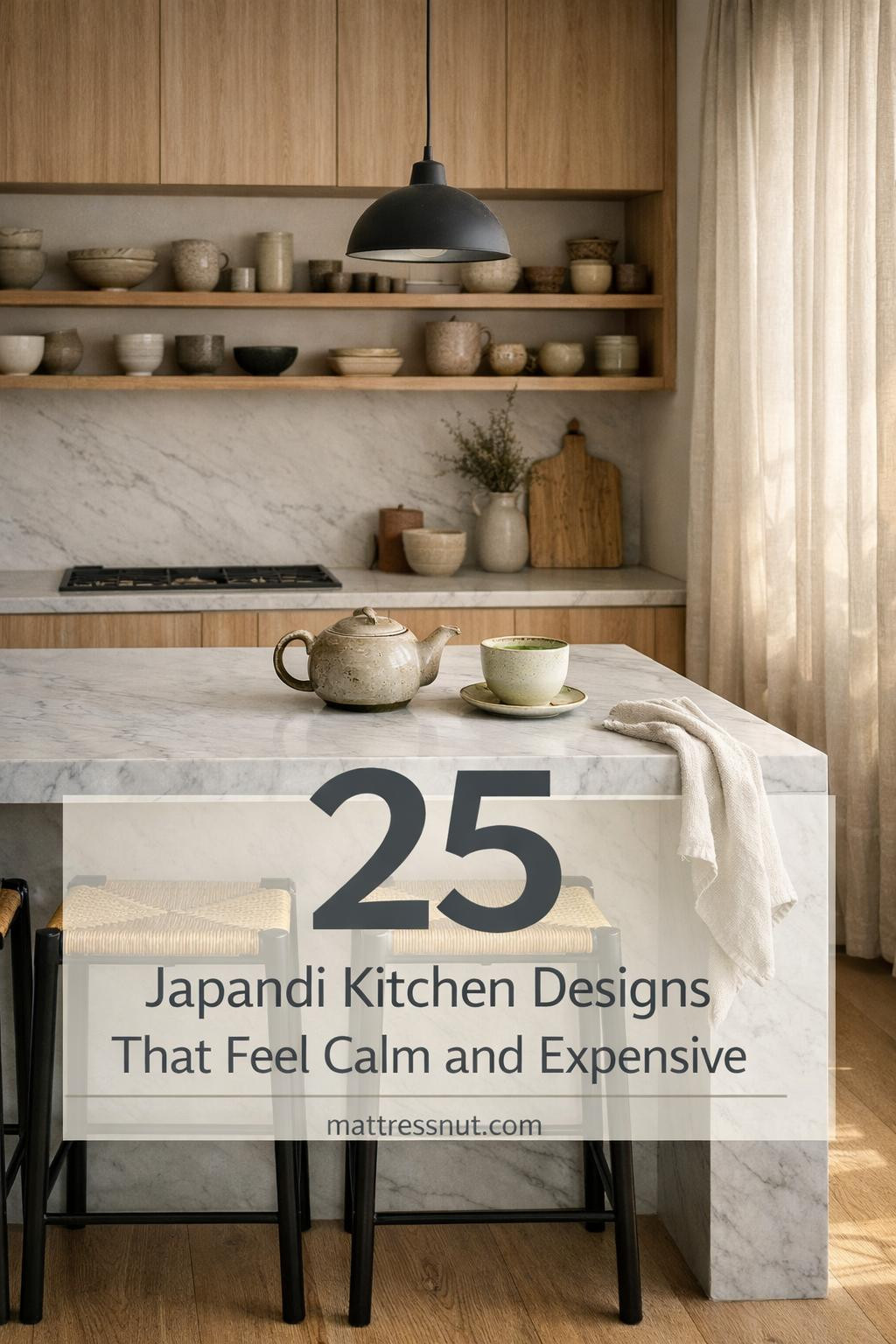Bright kitchen featuring light oak cabinetry, white walls, concrete countertops, and bamboo accents in minimalist style